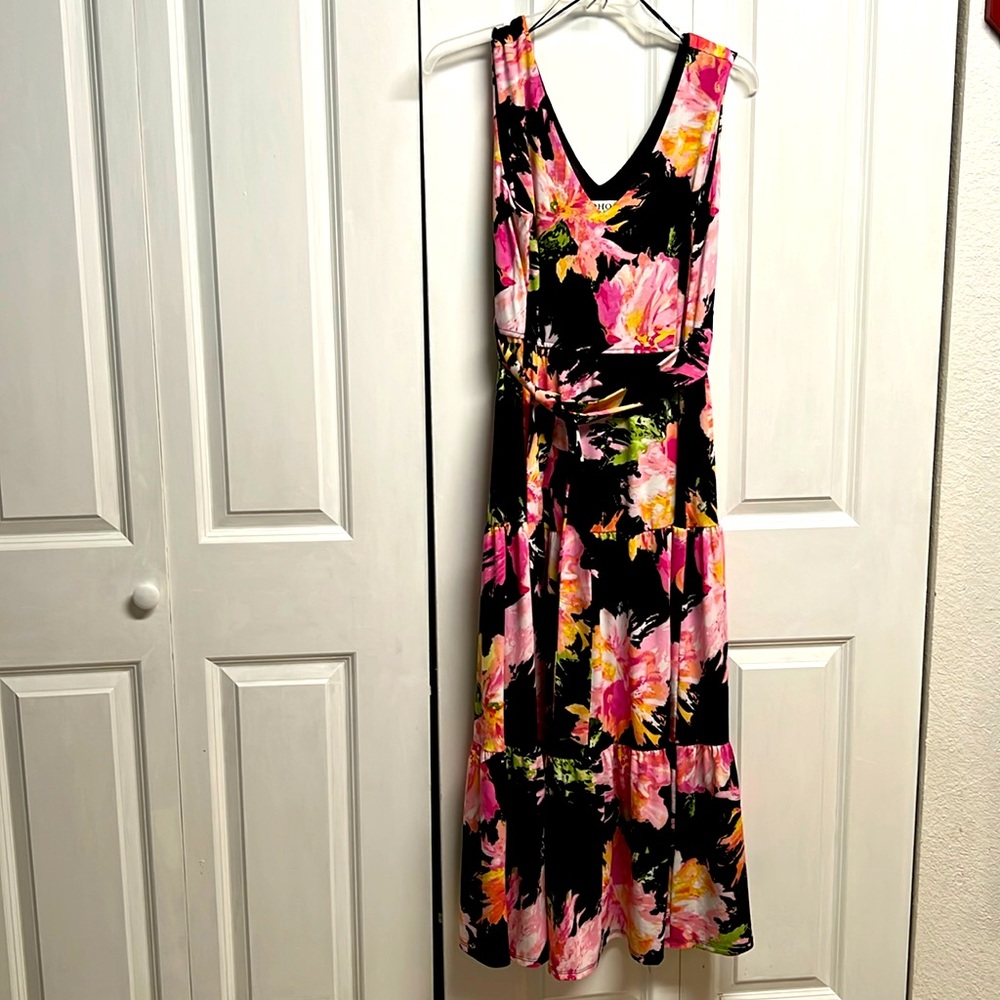 SOHO Pink Black Floral Print V Neck Front Back Sleeveless Dress Size XL